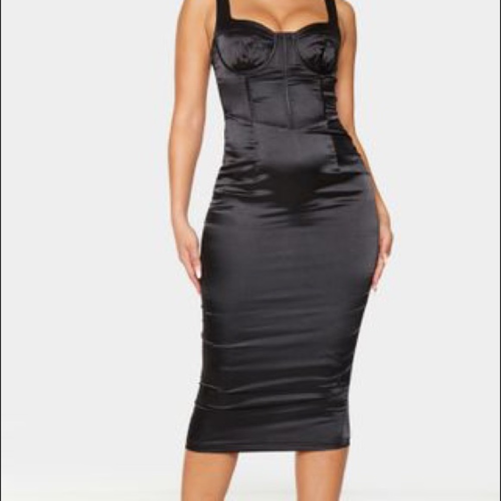 PrettyLittleThing Black Satin Midi Dress
